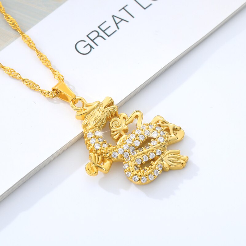 Dragon Pendant Necklaces for Women Stainless Steel Gold Color Cubic Zirconia Choker Mascot Necklace Jewellery Gift collier femme
