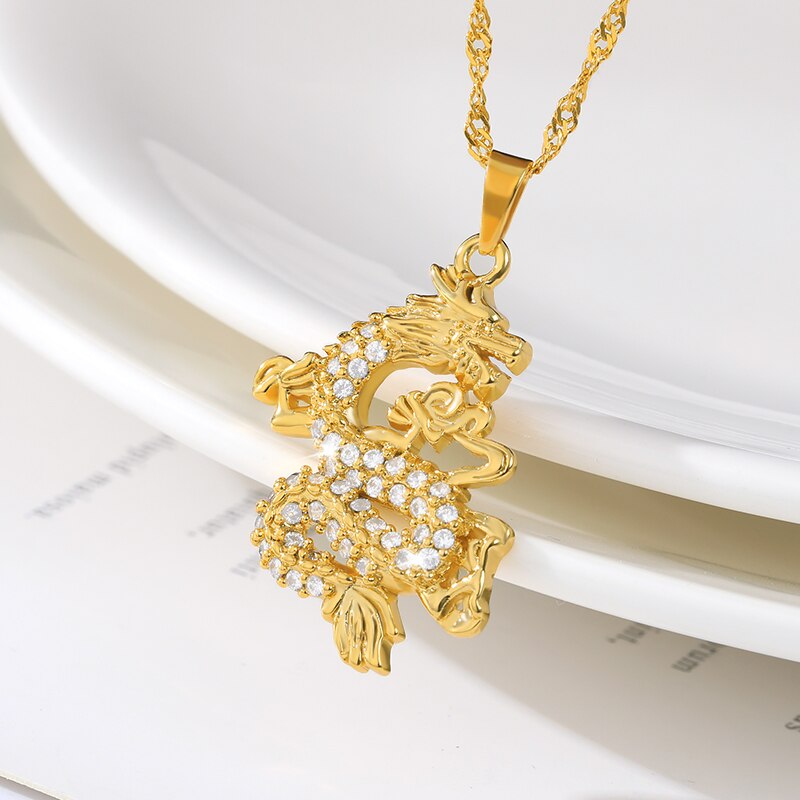 Dragon Pendant Necklaces for Women Stainless Steel Gold Color Cubic Zirconia Choker Mascot Necklace Jewellery Gift collier femme