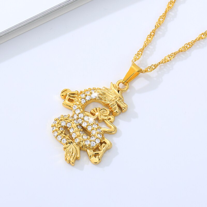 Dragon Pendant Necklaces for Women Stainless Steel Gold Color Cubic Zirconia Choker Mascot Necklace Jewellery Gift collier femme