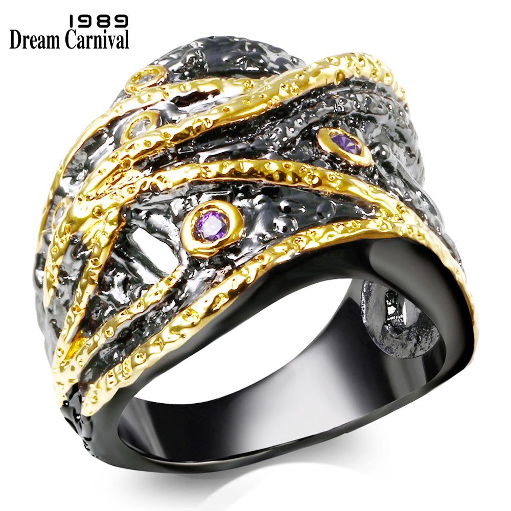 DreamCarnival 1989 Gothic Designer Ring for Women Gold Color Twisted Hollow Purple CZ Fashion Jewel Ringen Anillos mujer ZBR1057