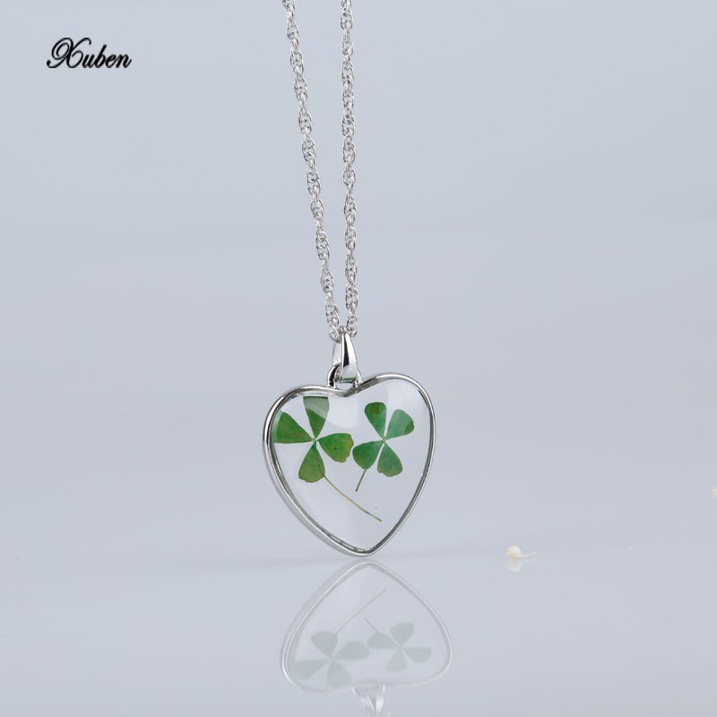 Dried Flower Collares hearts clover pendants necklaces Long silver Chain choker necklace Women Fine Jewelry charms new colar