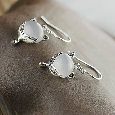 Drop Earrings 4 Color Natural Stone Chalcedony Agate Clever Fox Cute Animal Design Wedding Gift Real Sterling Silver 925 Jewelry