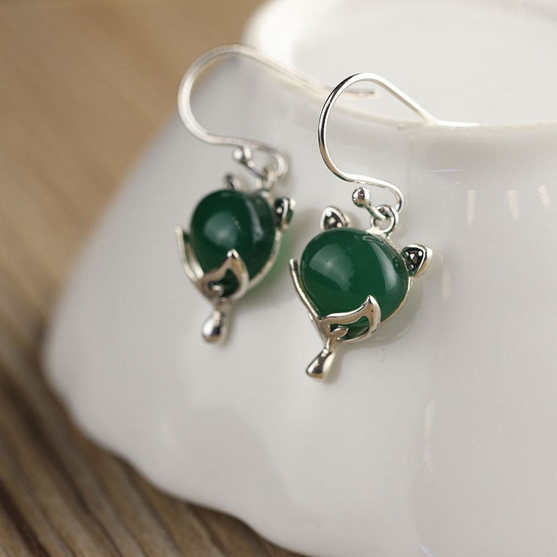 Drop Earrings 4 Color Natural Stone Chalcedony Agate Clever Fox Cute Animal Design Wedding Gift Real Sterling Silver 925 Jewelry