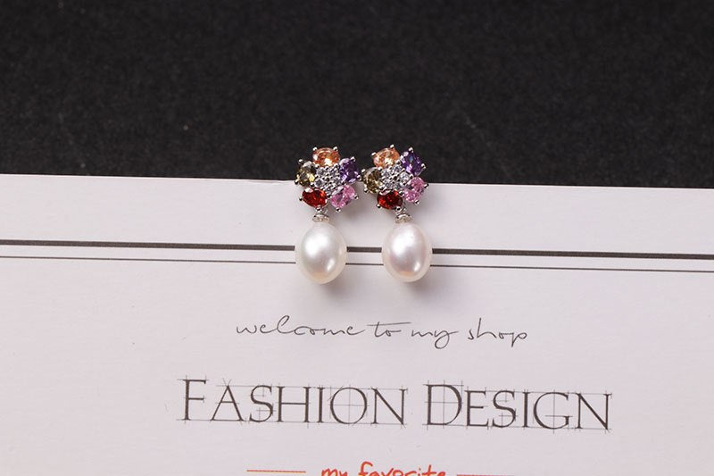 Drop Earrings 925 Sterling Silver Earrings Natural Pearl Drop Earring Party Earrings For Women Antiallergic Coloful Crystal