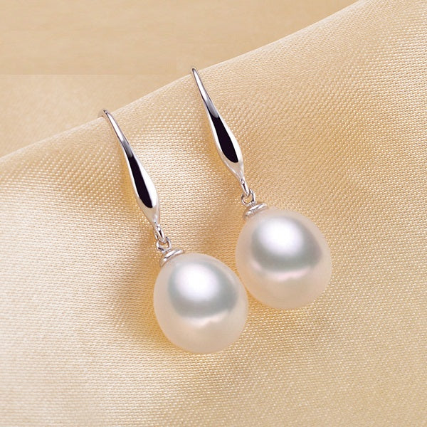 Drop Natural White Pearl Drop Oval Round 925 Sterling Silver Hanging Earrings