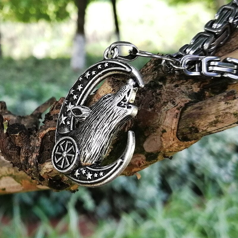 Drop Shipping Kolovrat Wolf  Pendant Necklace Men Norse Viking Stainless Steel Chain Necklace