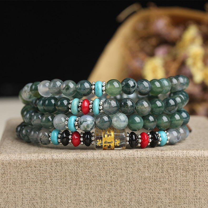 Drop Shipping Natural Crystal Water Grass Agate Beaded Bracelets Tibetan Buddhist 108pcs Prayer Beads Bracelets For Meditation