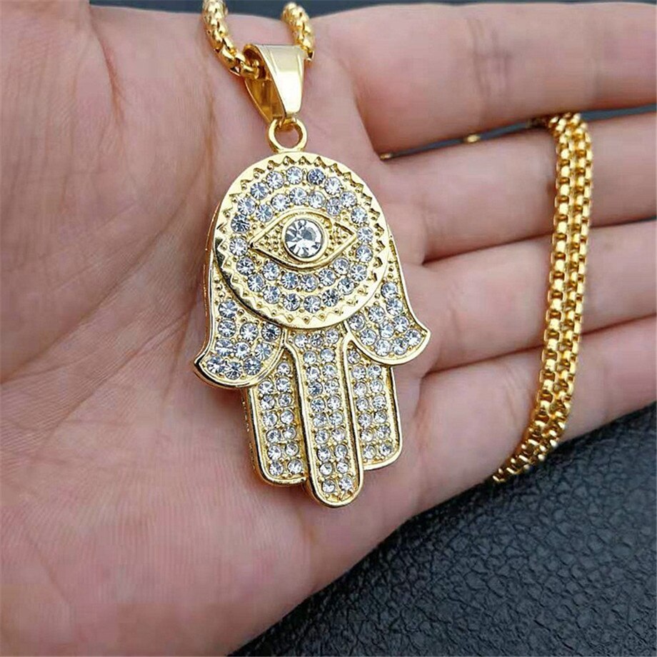 Dropship Classic Hand of Fatima Hamsa Necklace Pendants Silver Color Chain Palm Statement Jewelry for Women, center