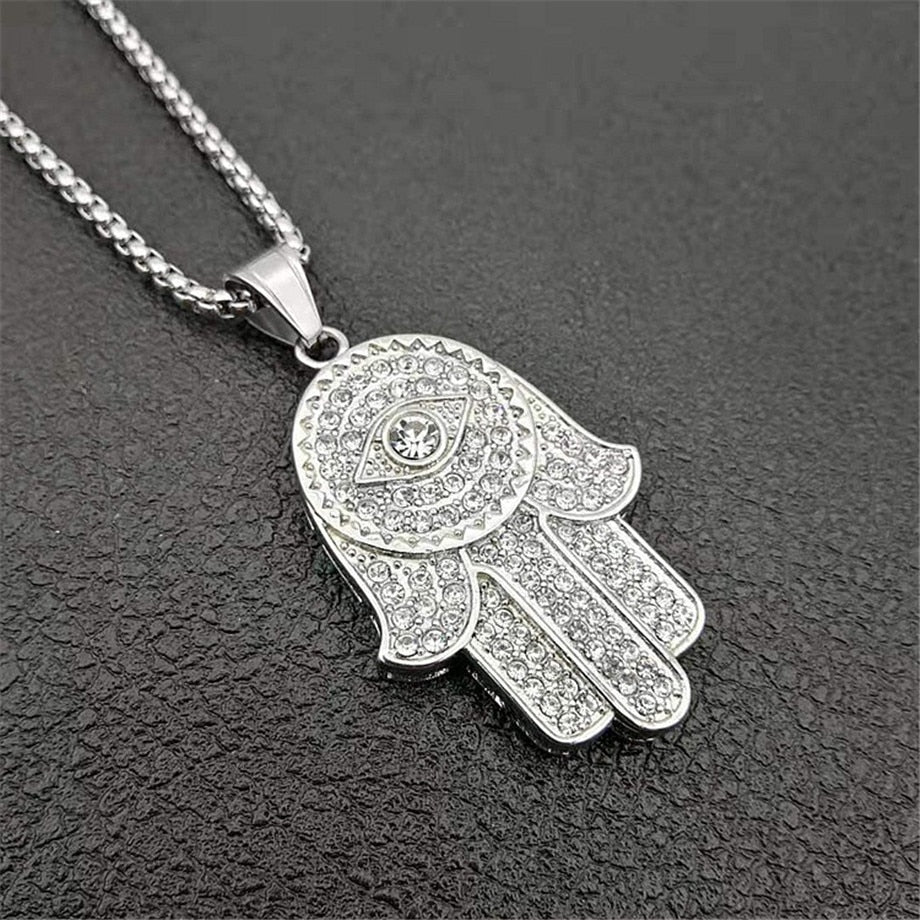 Dropship Classic Hand of Fatima Hamsa Necklace Pendants Silver Color Chain Palm Statement Jewelry for Women, center