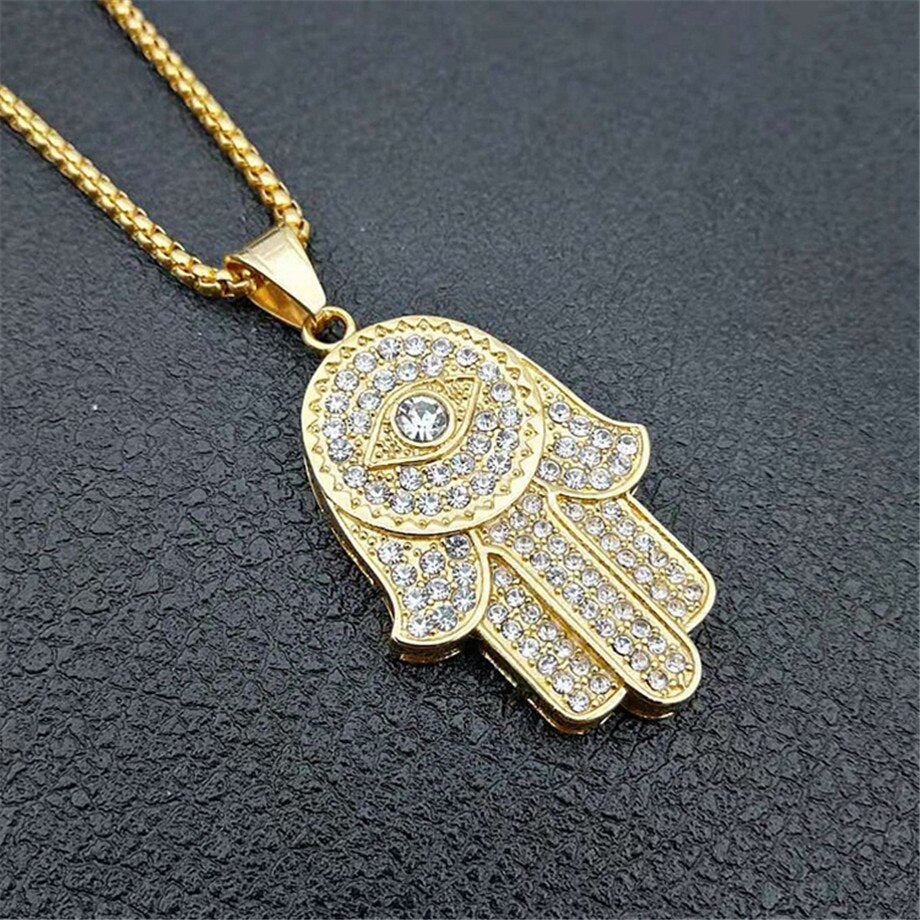 Dropship Classic Hand of Fatima Hamsa Necklace Pendants Silver Color Chain Palm Statement Jewelry for Women, center