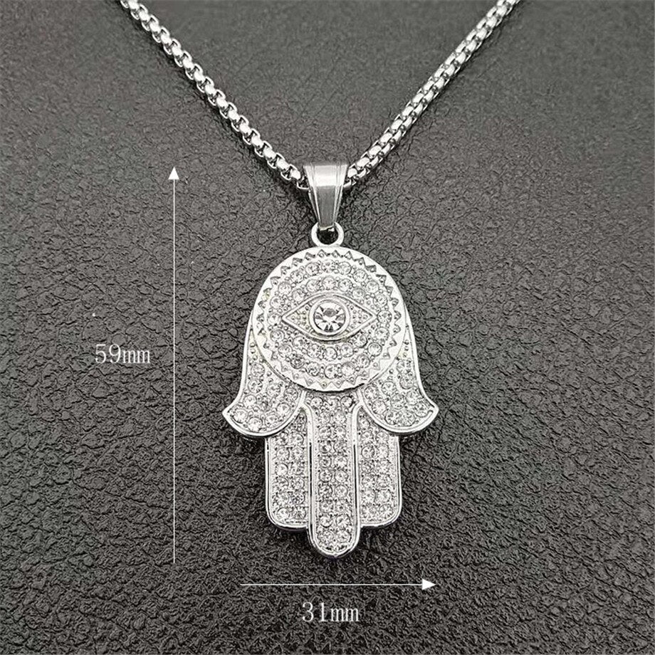 Dropship Classic Hand of Fatima Hamsa Necklace Pendants Silver Color Chain Palm Statement Jewelry for Women, center