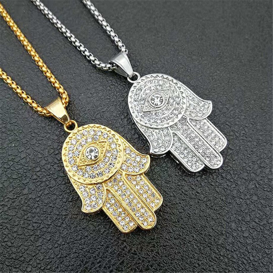 Dropship Classic Hand of Fatima Hamsa Necklace Pendants Silver Color Chain Palm Statement Jewelry for Women, center