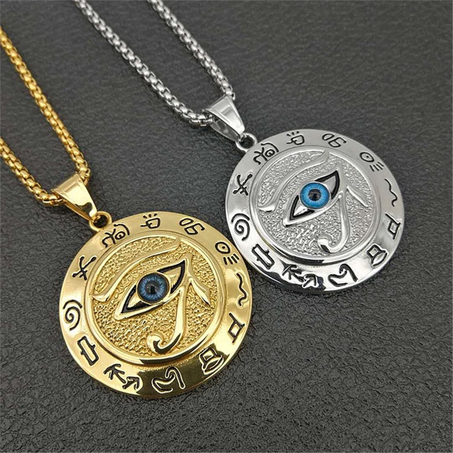 Ancient Egypt Round Jewelry Collares Gold Color Stainless Steel Chain Egyptian Eye of Horus Necklaces & Pendants