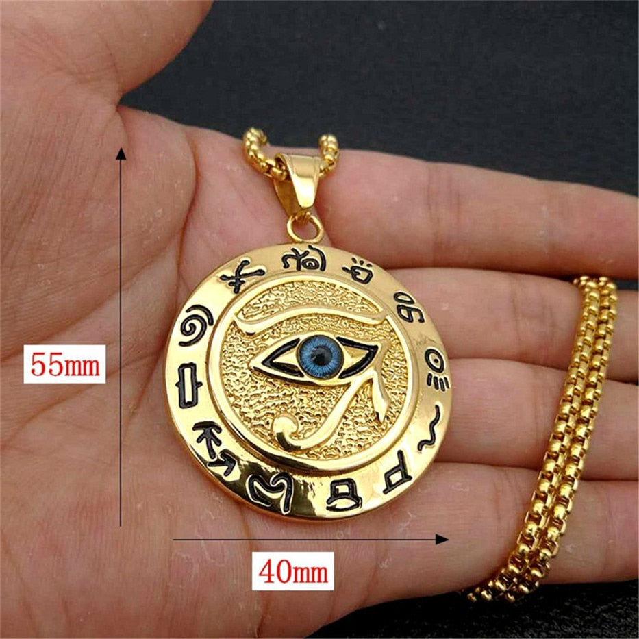 Ancient Egypt Round Jewelry Collares Gold Color Stainless Steel Chain Egyptian Eye of Horus Necklaces & Pendants