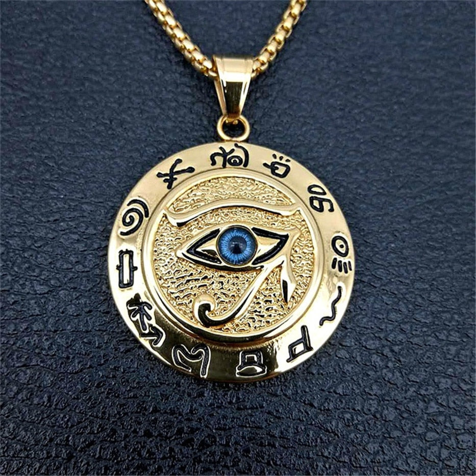 Ancient Egypt Round Jewelry Collares Gold Color Stainless Steel Chain Egyptian Eye of Horus Necklaces & Pendants