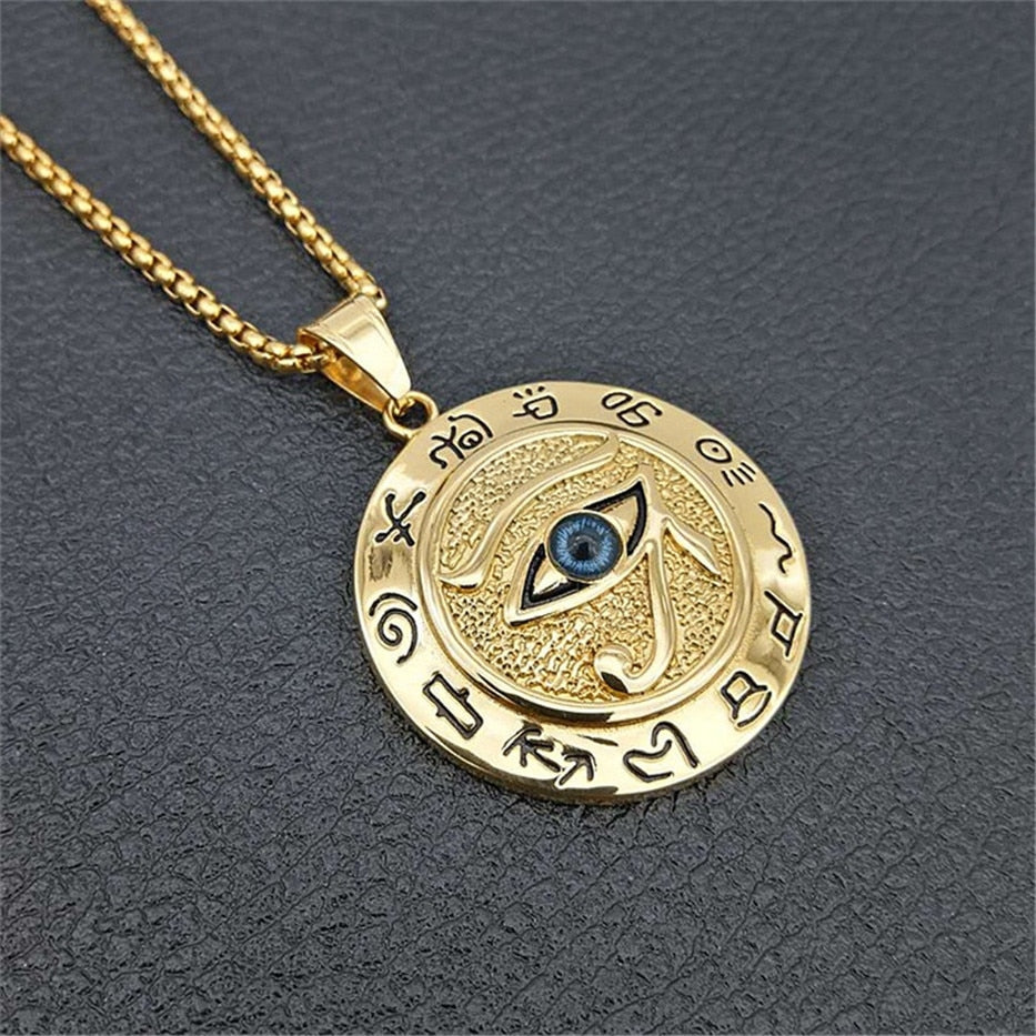 Ancient Egypt Round Jewelry Collares Gold Color Stainless Steel Chain Egyptian Eye of Horus Necklaces & Pendants