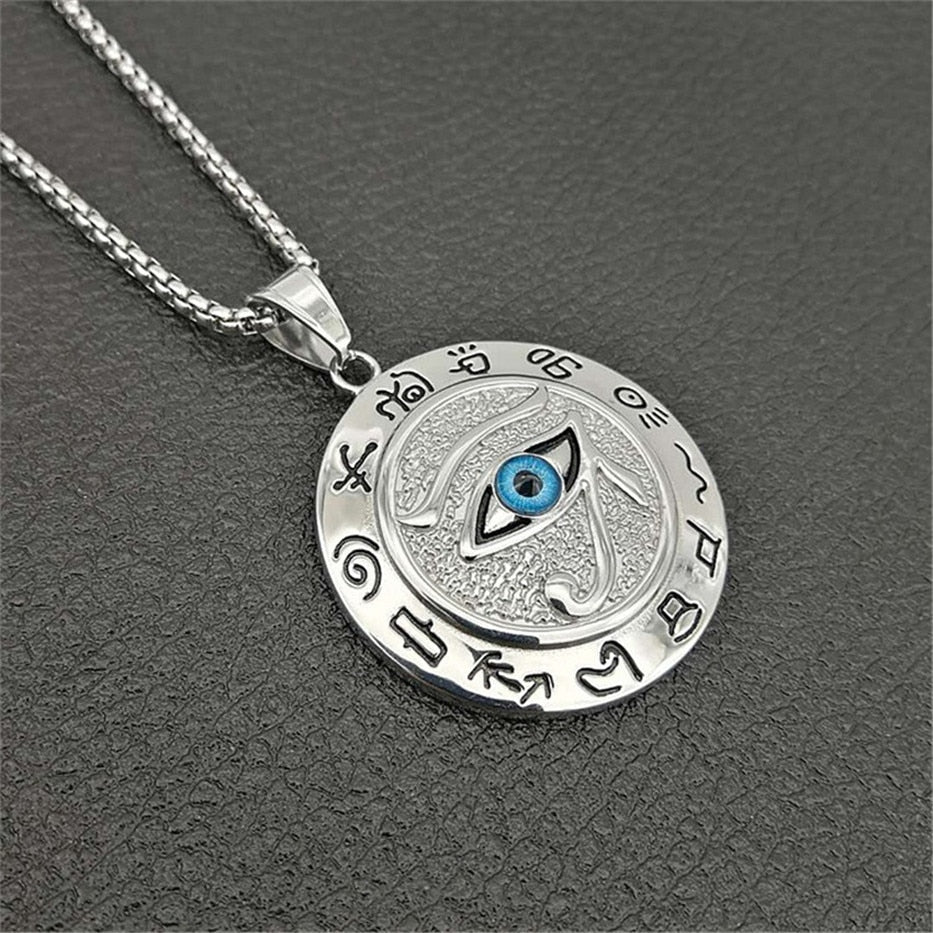 Ancient Egypt Round Jewelry Collares Gold Color Stainless Steel Chain Egyptian Eye of Horus Necklaces & Pendants