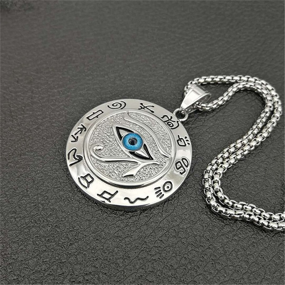 Ancient Egypt Round Jewelry Collares Gold Color Stainless Steel Chain Egyptian Eye of Horus Necklaces & Pendants