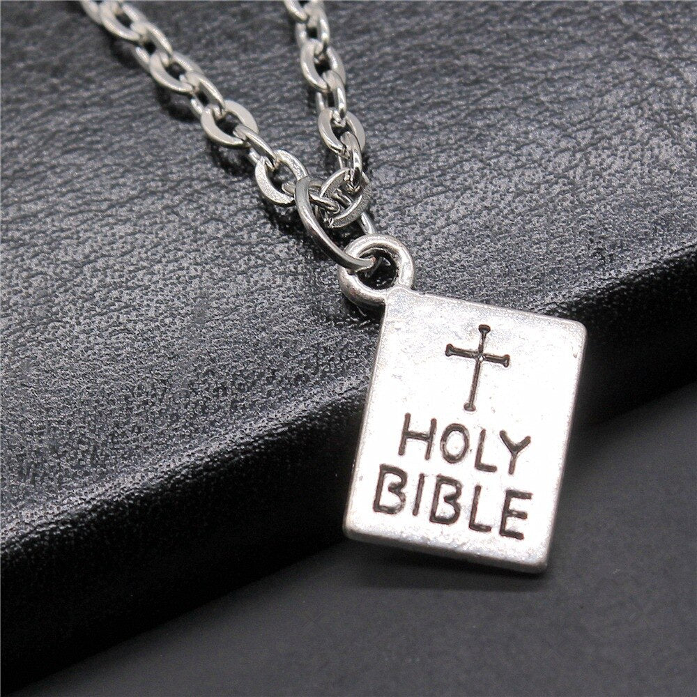 Antique Silver Color 17x14mm Holi Bible Pendant Necklace For Women