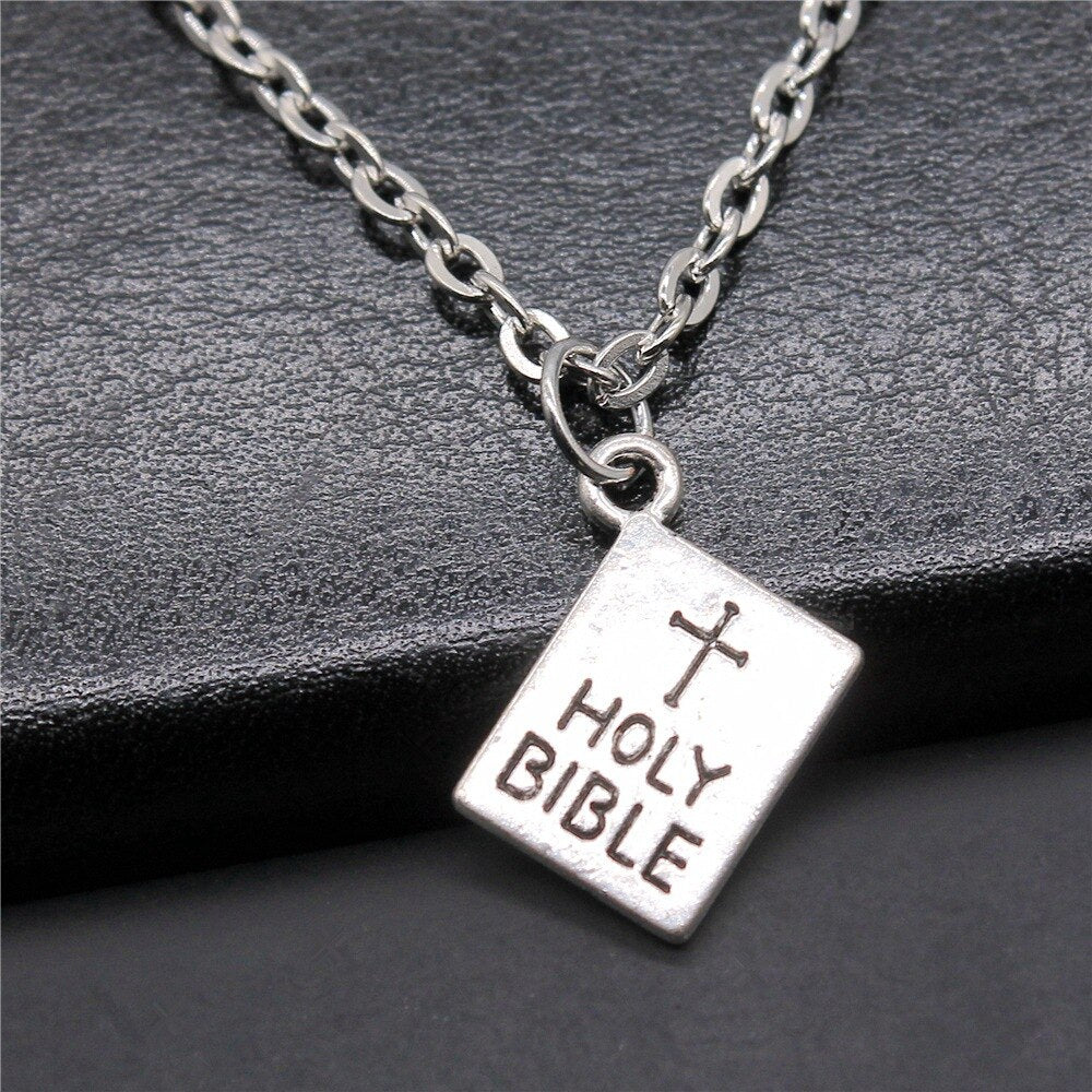 Antique Silver Color 17x14mm Holi Bible Pendant Necklace For Women
