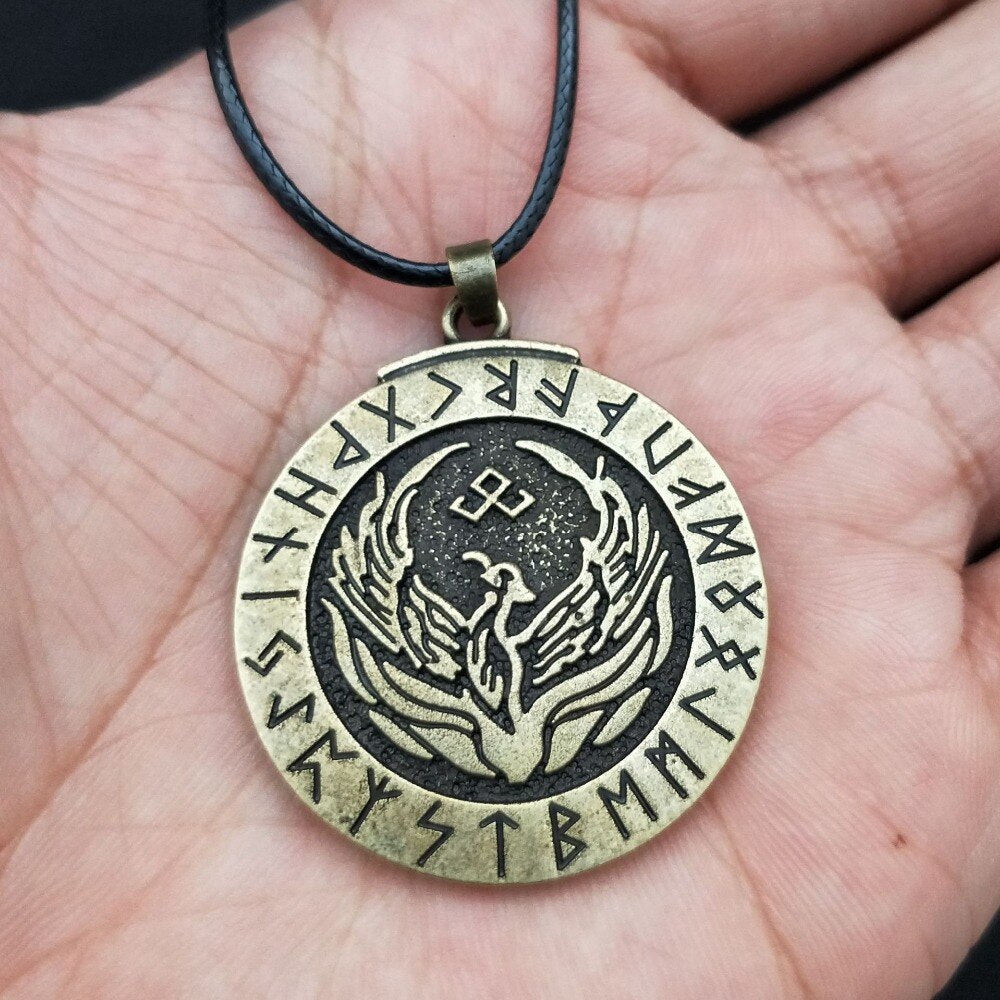 Norse Viking Amulet Phoenix Totem In the Rune Circle Nordic Fire Bird Pendant For Women Necklace Jewelry Talisman