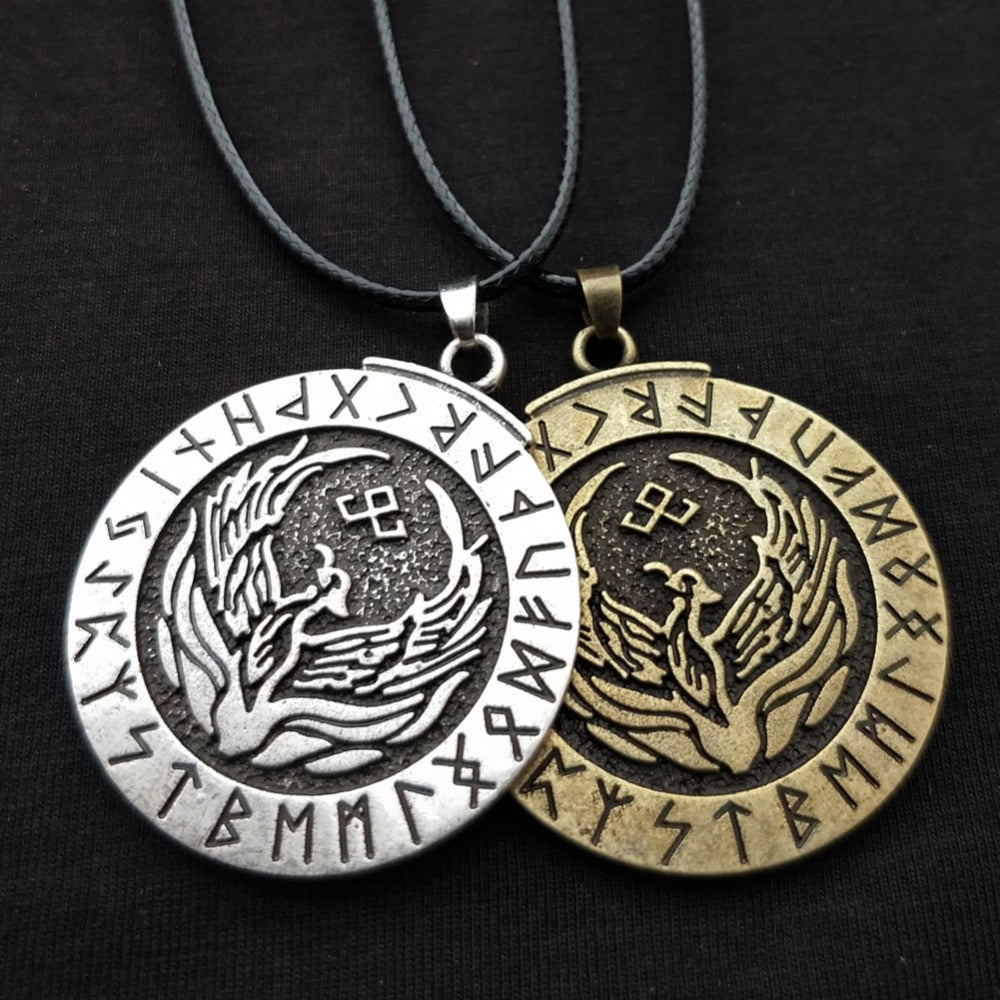 Norse Viking Amulet Phoenix Totem In the Rune Circle Nordic Fire Bird Pendant For Women Necklace Jewelry Talisman
