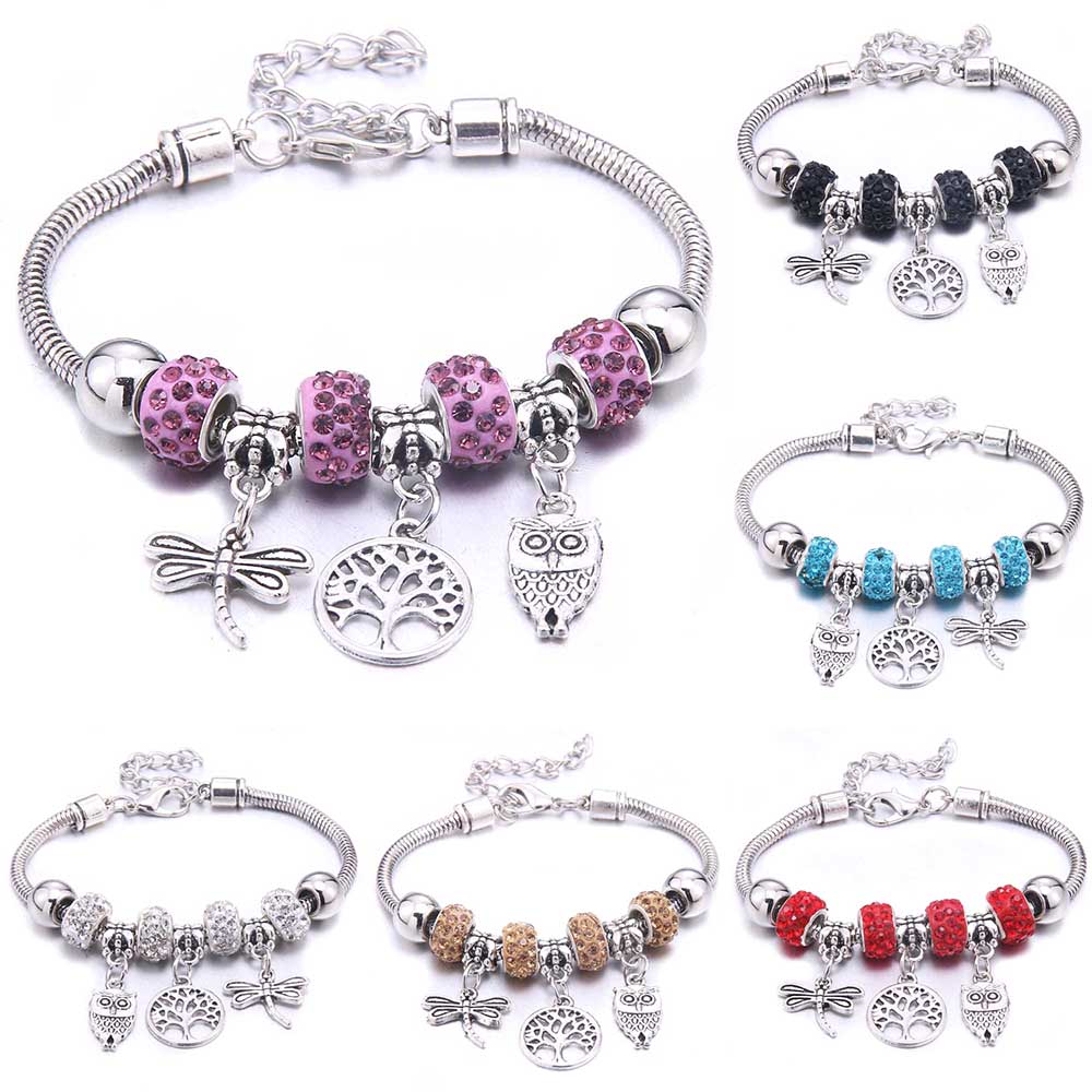 dragonfly owl Shape Crystal Charm Bracelets Beads Bracelet Women DIY Beads Brand Bracelets & Bangles Jewelry Gift