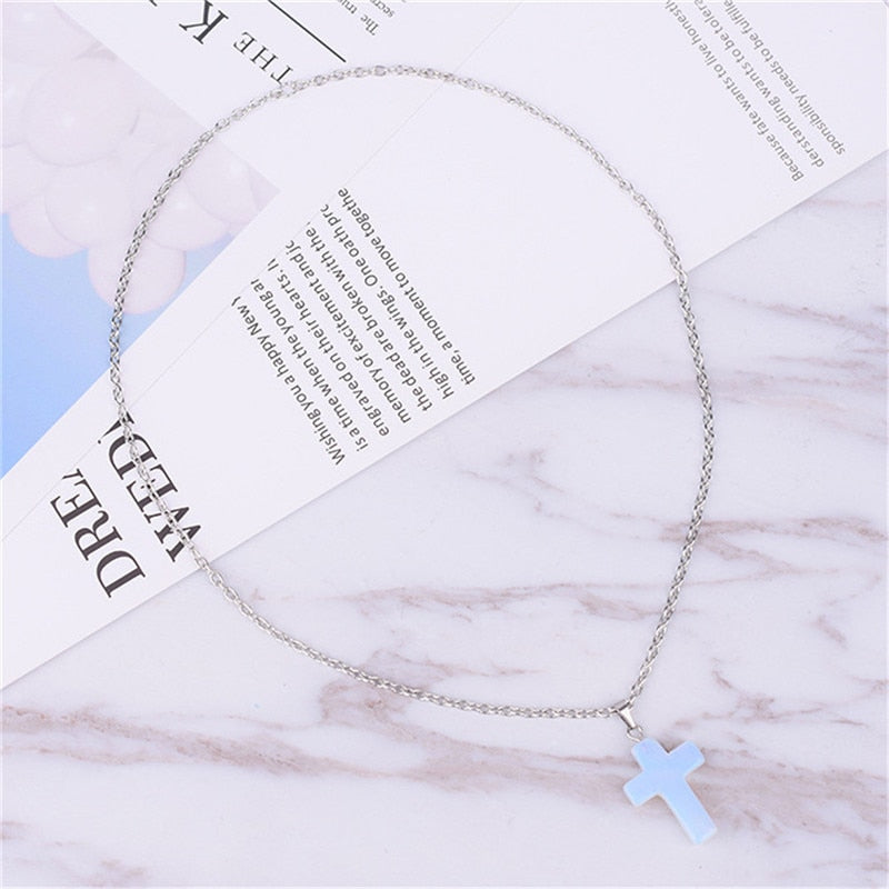 Beautiful Women Pendant Necklace Natural Cross Opal Pendant Necklace Romantic Simple Style Light Blue Color Fine Jewelry