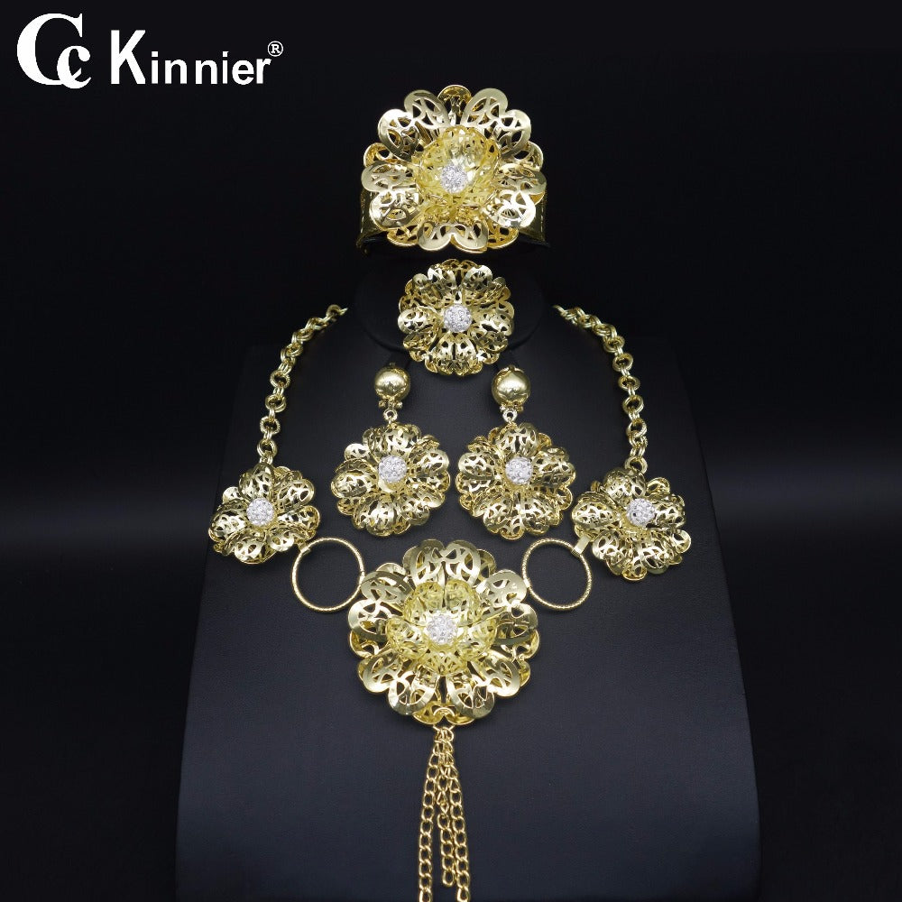 Dubai gold-color African big pearl bead jewelry sets Fashion of women Bridal wedding Ring exaggerated Necklace Bangle Earring