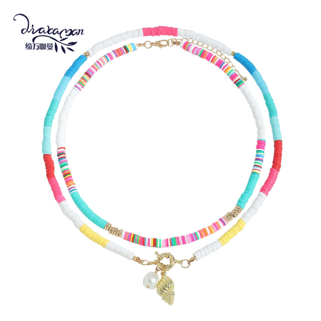 Dvacaman Bohemian Handmade Colorful Clay Beaded Choker Necklace Set for Women Summer Beach Soft Pottery Necklaces Jewelry Party