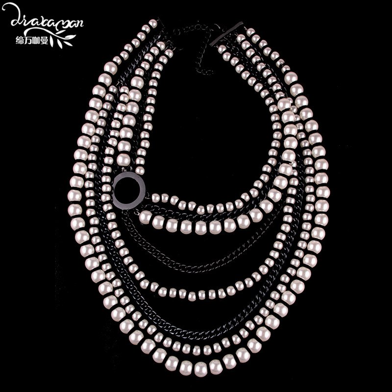 Brand Christmas Party Women Fashion Layers Simulated Pearl Choker Collar Necklace&Pendant Bridal Statement Jewelry RR56