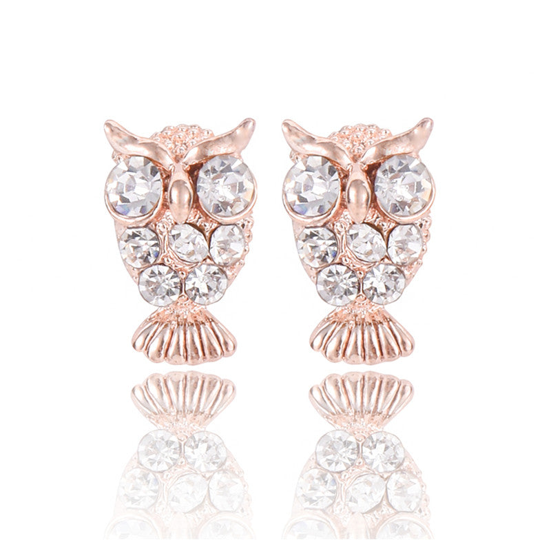 E0141 Fashion Jewelry Rose Gold Color Owl Stud Earrings With Crystal Pearl High Quality Cute Animal Stud Earrings For Women Gift