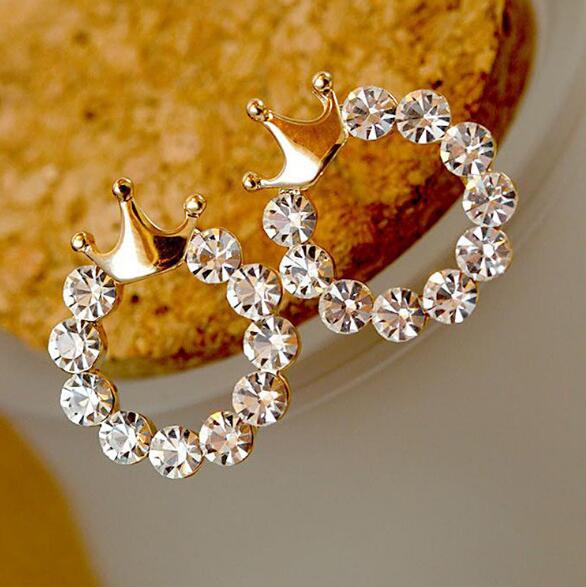 E0273 Fashion Jewelry Shining Crystal Round Circle Stud Earrings For Women Gold Color Crown Earrings Party Wedding Jewelry Gift