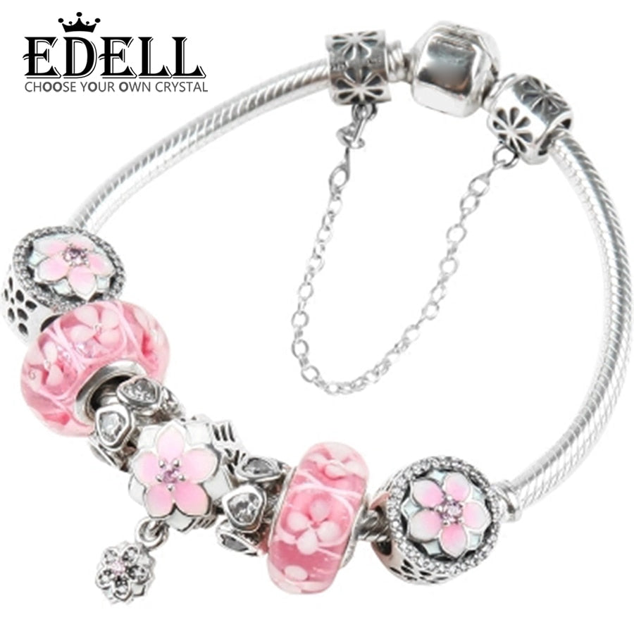 100% 925 Sterling Silver Brand New 1:1 Genuine Elegant Flower Bracelet Set Charm Orchid Sakura Pink Glass Bracelet