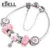 100% 925 Sterling Silver Brand New 1:1 Genuine Elegant Flower Bracelet Set Charm Orchid Sakura Pink Glass Bracelet