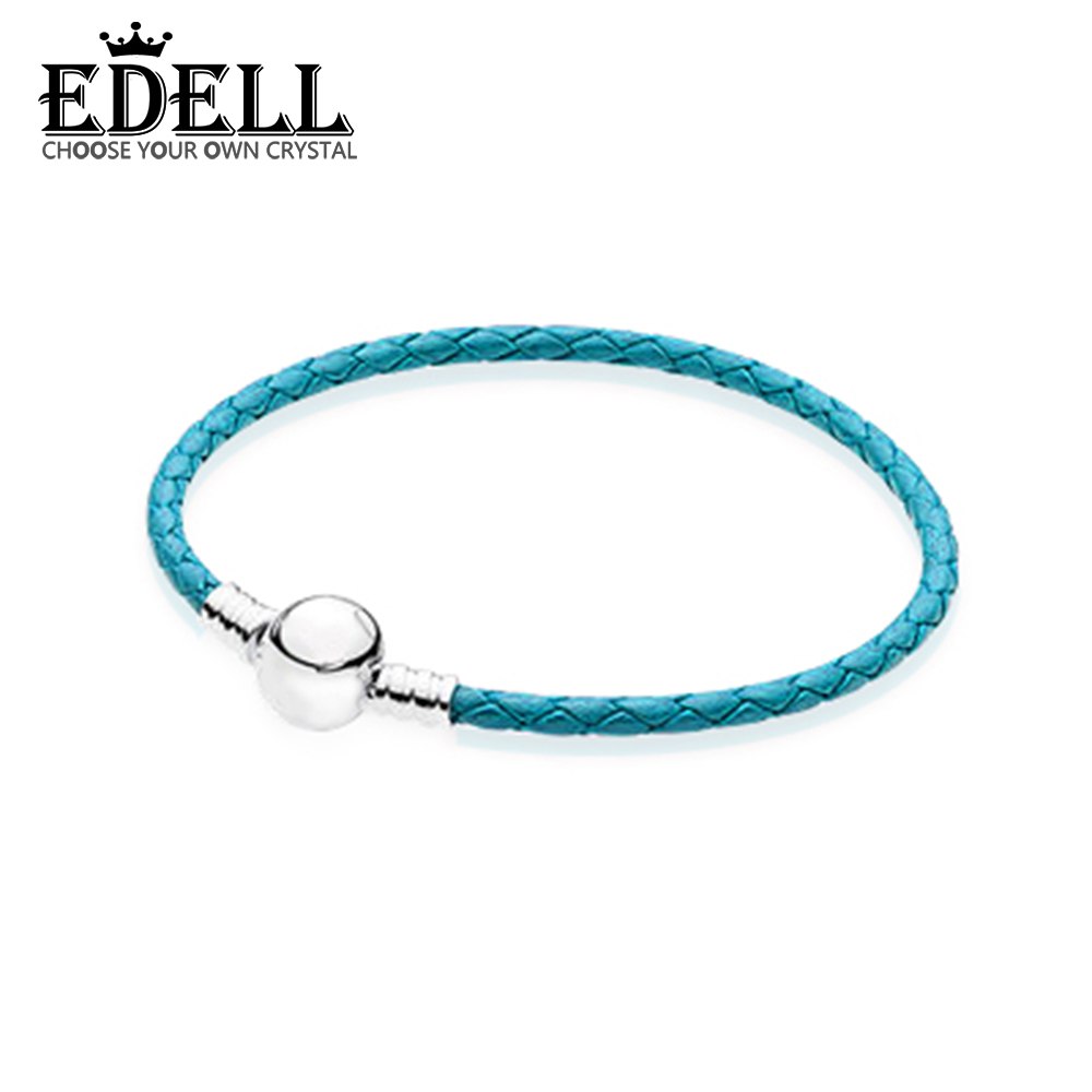 100% 925 Sterling Silver Charming Round Blue Buckle Leather Hand Strap Classic Casual Women Suitable Gift Original Jewelry