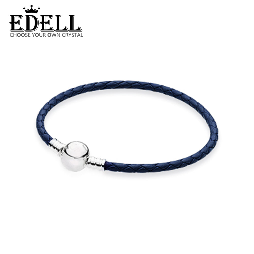 100% 925 Sterling Silver Charming Round Dark Blue Buckle Leather Hand Strap Classic Casual Women Suitable Gift Jewelry