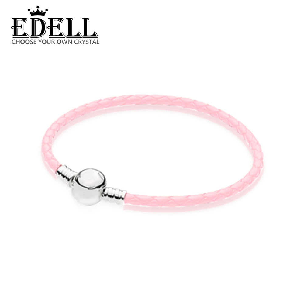 100% 925 Sterling Silver Charming Round Pink Buckle Leather Hand Strap Classic Casual Women Suitable Gift Jewelry