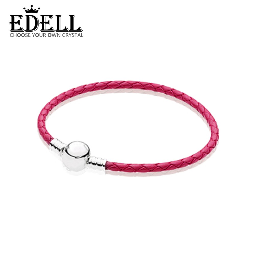 100% 925 Sterling Silver Charming Round Red Buckle Leather Hand Strap Classic Casual Women Suitable Gift Jewelry