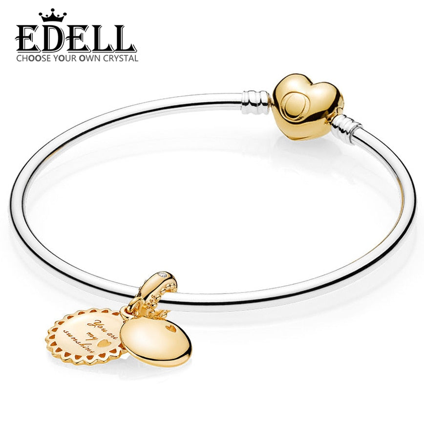 100% 925 Sterling Silver New 1:1 Elegant Sweet Love Heart Golden Pendant Bangle Set