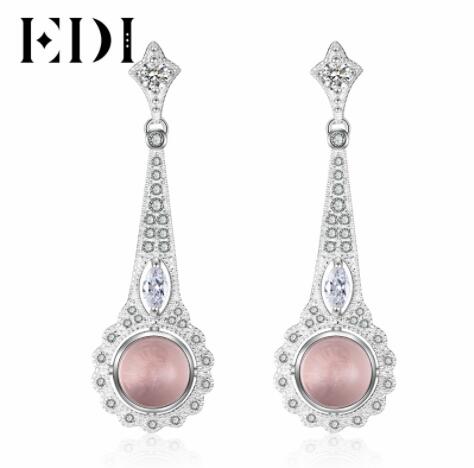 2020 Woman Natural Round Pink Rose Quartz Dangle Earrings 925 Sterling Silver Drop Big Earring For Women Fine Jewelry Party