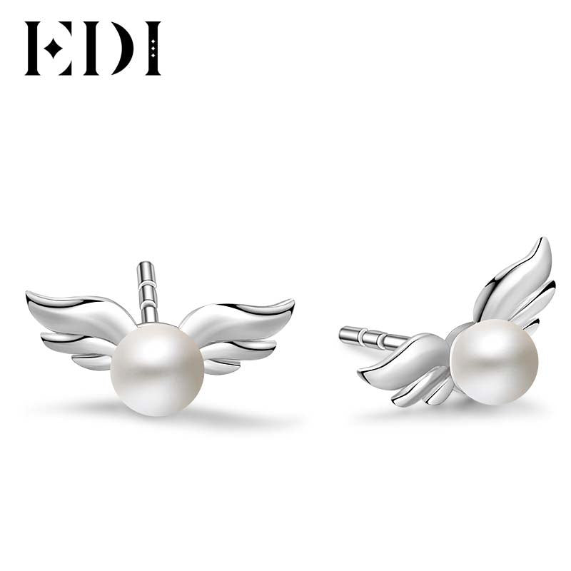 925 Sterling Silver 4mm Pearls Angel Wings Fashion Stud Earrings For Women Jewelry