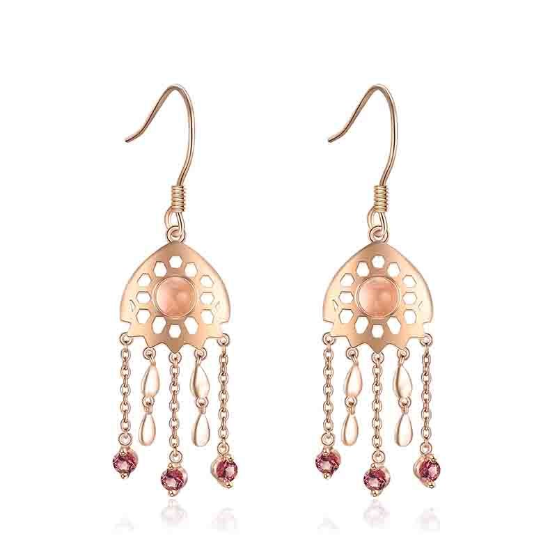 Fashion Natural Rose Quartz Crystal Garnet Drop Dangle Earrings For Women 925 Sterling Silver Tassels Earrings Fine Jewelry
