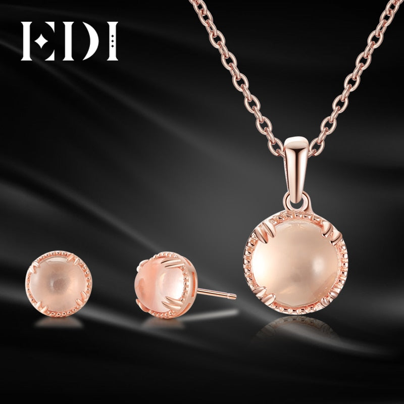Genuine 7mm Natural Gemstone Rose Quartz Crystal Jewelry Set 100% 925 Sterling Silver Pendant Stud Earrings For Women