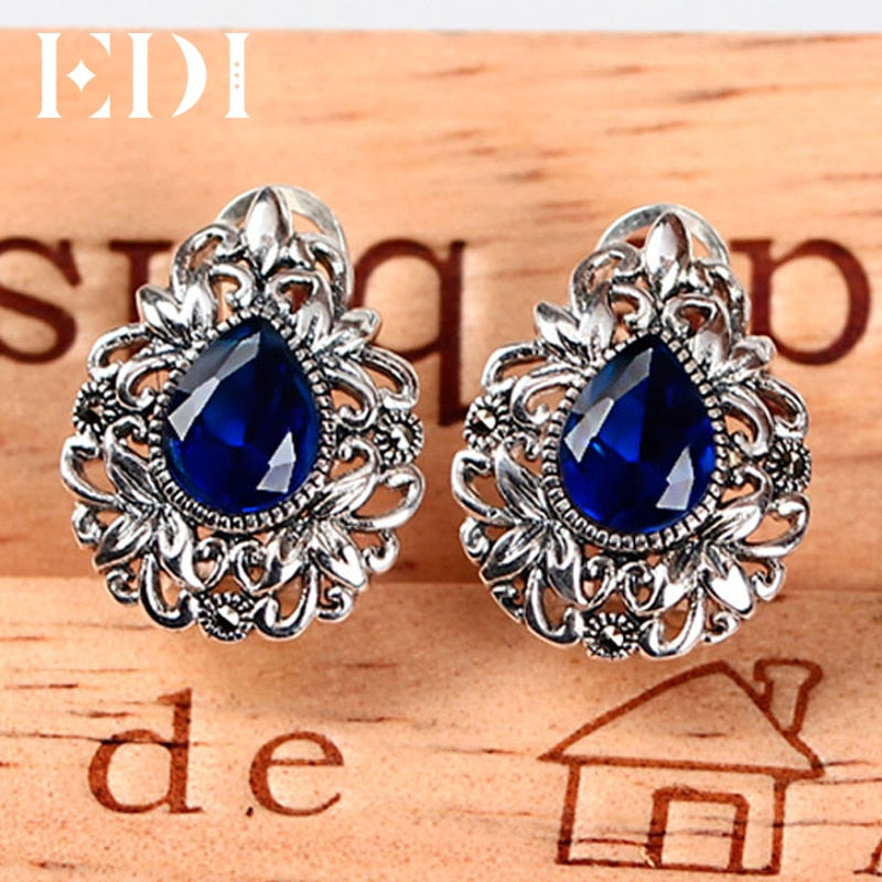 Retro 925 Sterling Silver Flowers Inlaid Corundum Clip Earrings Vintage Authentic Sterling Silver Fine Jewelry for Women