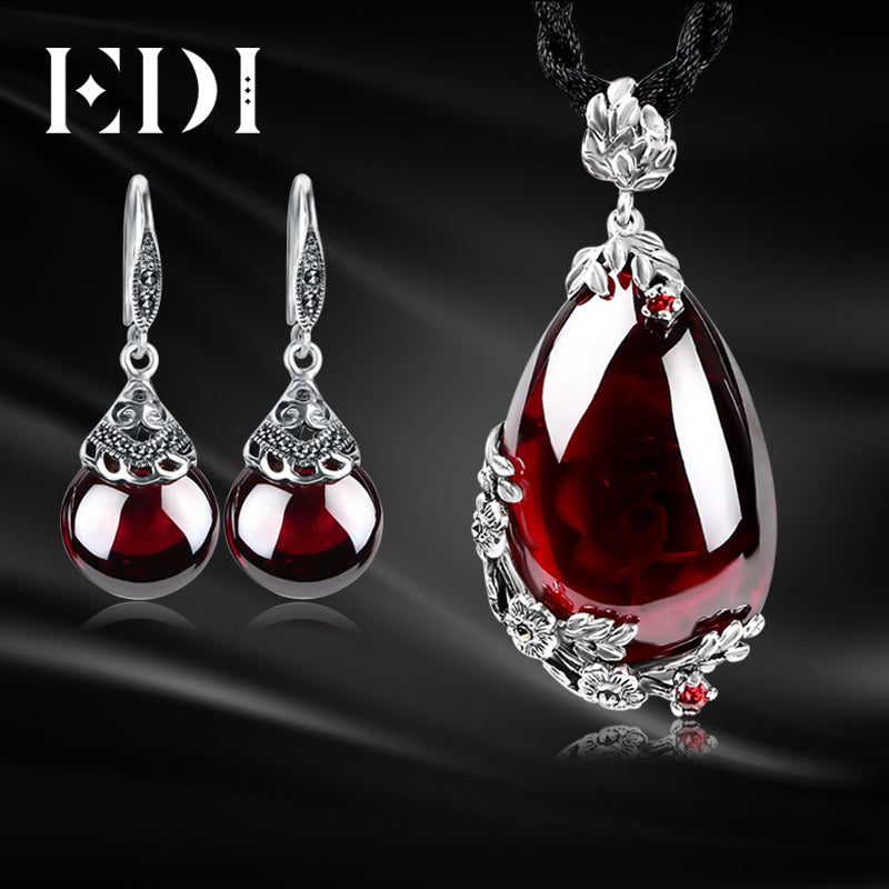 Retro Flower Garnet Pendant Necklace Drop Earrings 100% 925 Sterling Silver For Women Jewelry Sets