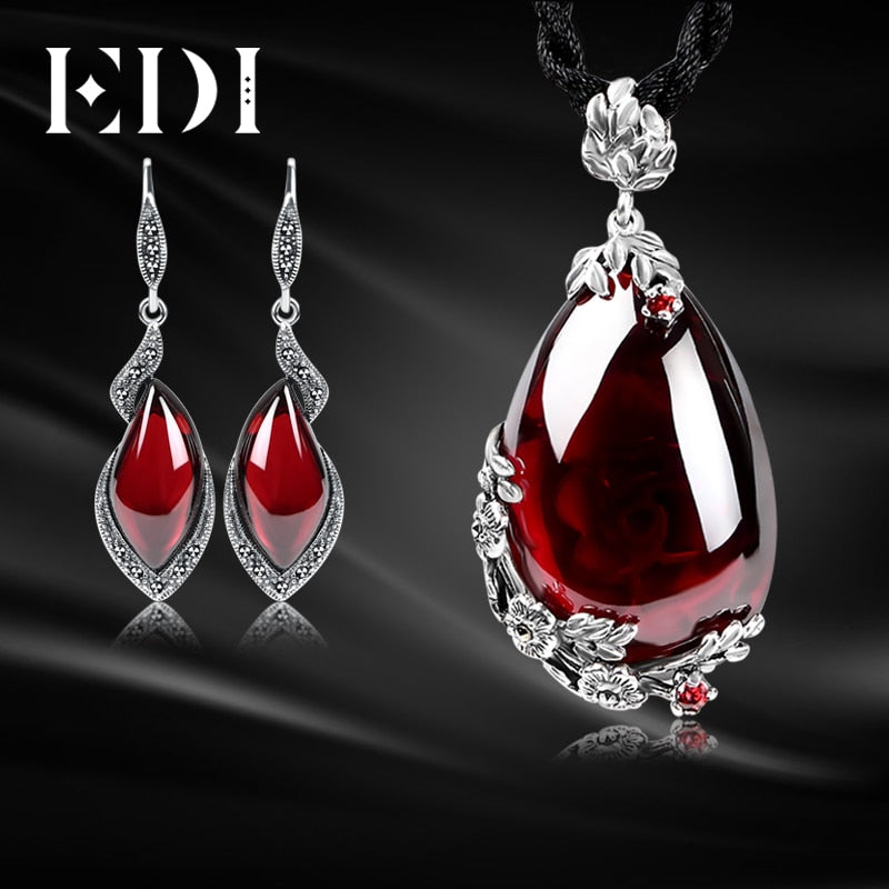 Retro Garnet Pendant Necklace Gemstone Drop Earrings For Women 100% 925 Sterling Silver Jewelry Sets