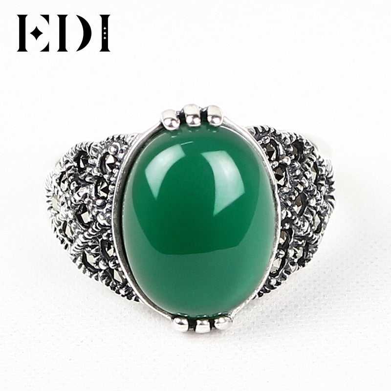 Retro Vintage 925 Sterling Silver Garnet Chalcedony Jade Resizable Rings Finger Female Romantic Jewelry For Women