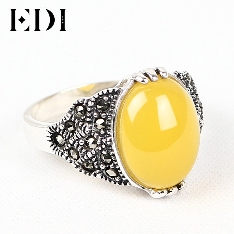 Retro Vintage 925 Sterling Silver Garnet Chalcedony Jade Resizable Rings Finger Female Romantic Jewelry For Women