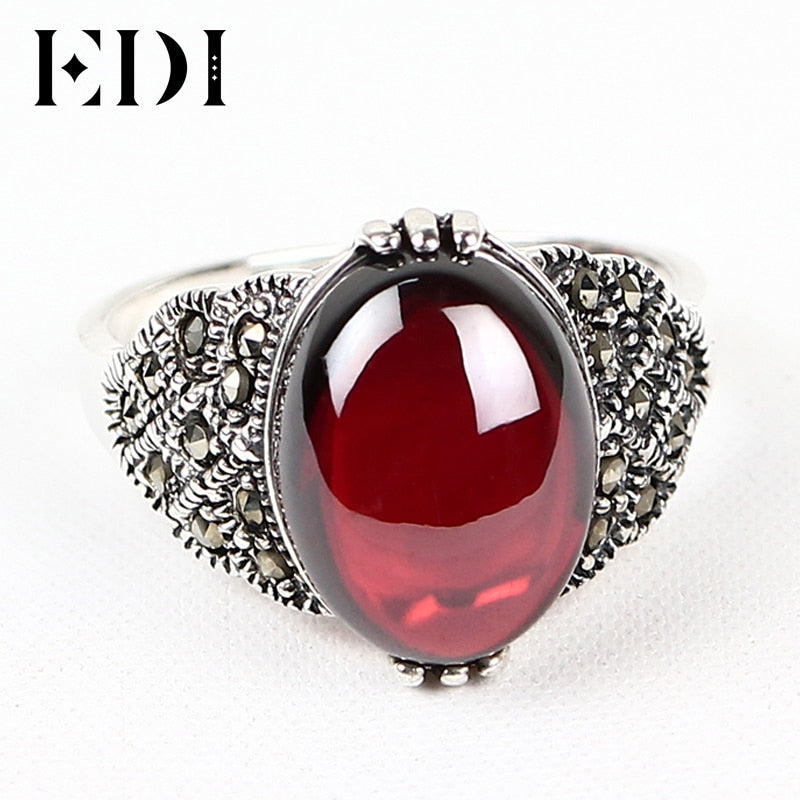Retro Vintage 925 Sterling Silver Garnet Chalcedony Jade Resizable Rings Finger Female Romantic Jewelry For Women